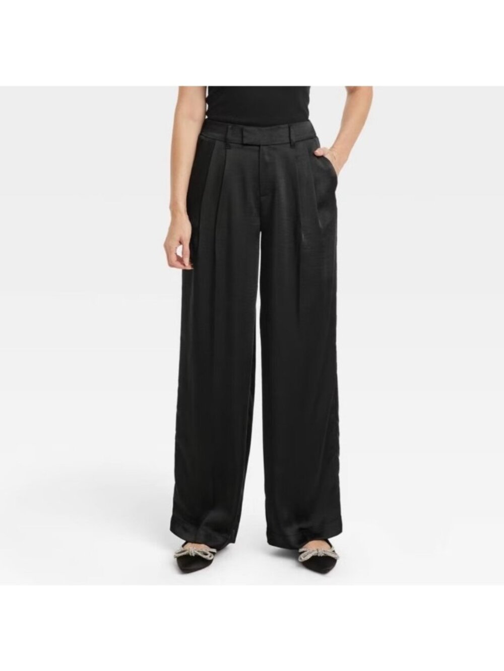 Women's Black Satiny Wide Leg Pleated Pants Classic Dressy Party Size 14